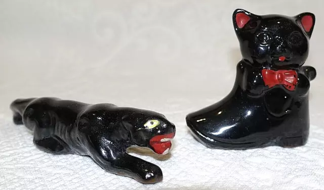 Japan Redware Small Figurines Vintage 1950's Black Panther Black Cat in Shoe