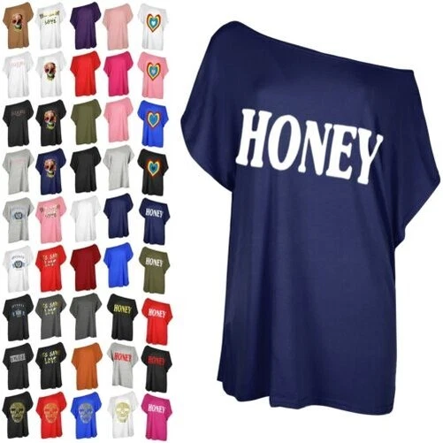 Donna Stampato Slash Neck Oversize Top Largo Donna Monospalla T Shirt