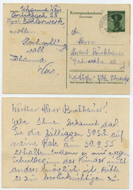 54415 - Österreich - Ganzsache - Postkarte - Böhlerwerk 17.9.1955 nach Waidhofen