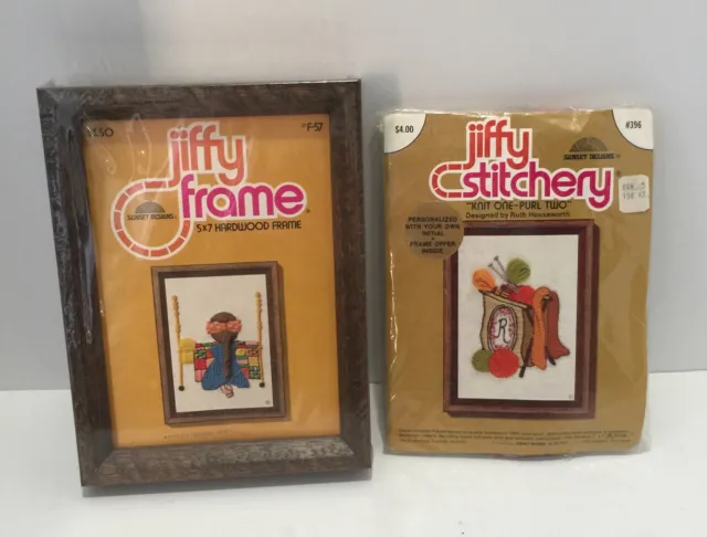 Kit de punto de aguja Jiffy Stitchery de colección de los años 70 tejido una púrpura dos MCM y marco 5 x 7