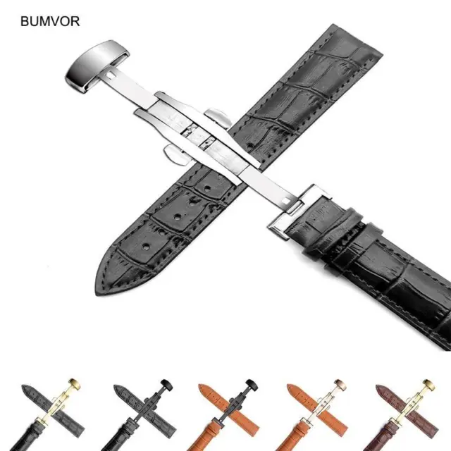 18-24mm Genuine Leather Butterfly Clasp Steel Buckle Watch Band Strap Wristwatch