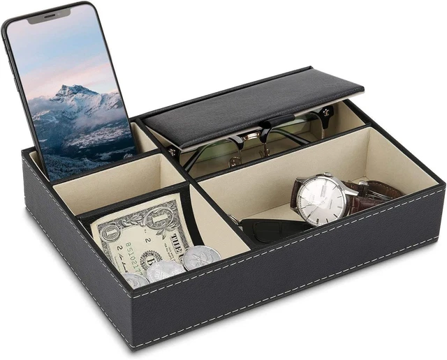 Baoyun Mens Valet Tray Organizer, Jewelry Box, Nightstand Black