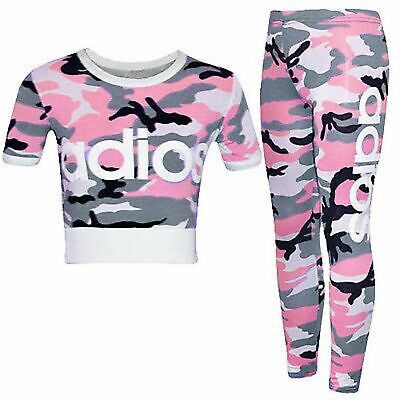 Girls Adios Pink Camo Camouflage Outfit Crop top Tracksuit legging jog top jogge