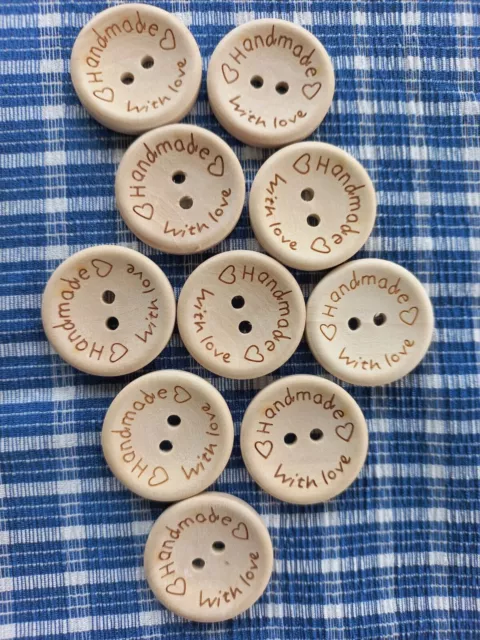 15mm / 20mm / 25mm Handmade With Love Natural Wooden Craft Sewing Buttons 10pcs