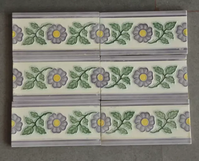 6 Pc Vintage Colorful Flower & Leaves Embossed Ceramic Tiles,Japan