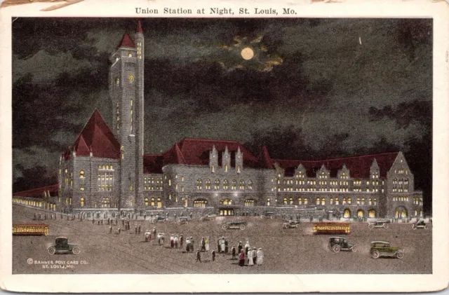 C.1920s St. Louis MO Union Station RR Depot Night View Missouri Postcard A327