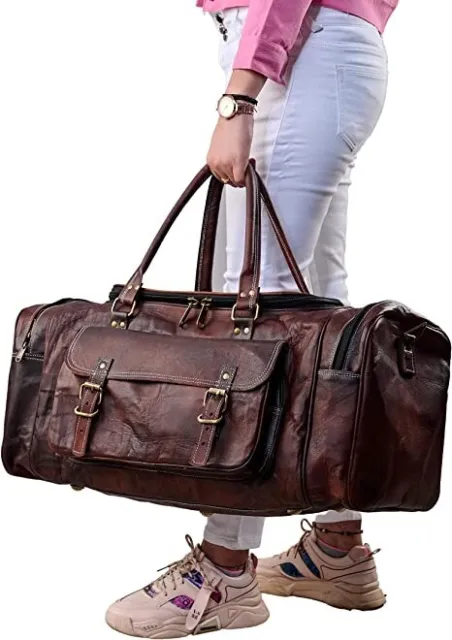 100% Real Vintage Leather Handmade Duffel Travel Luggage Overnight Weekender Bag