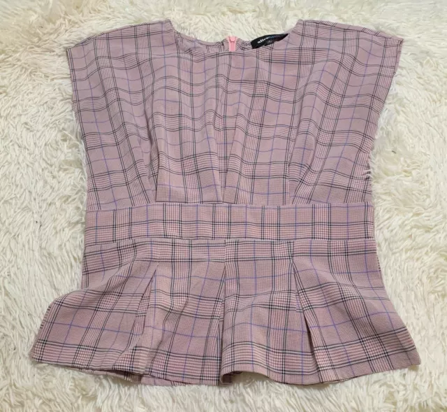 Blue Pink Plaid Envelope Boatneck Womens Top Blouse NWOT