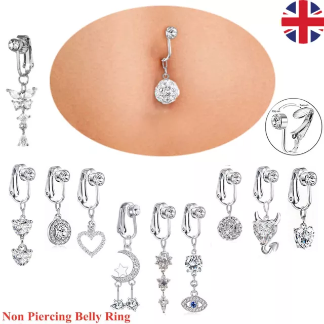 Clip Belly Bars Navel Rings Dangly Gems Fake Belly Button Bar Faux Body Piercing