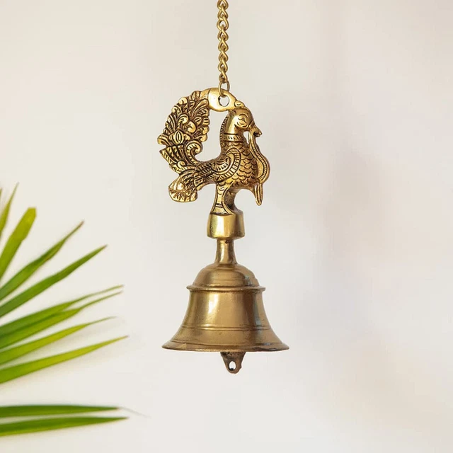 Indian traditional Peacock Brass Hanging Bells 3.7 x 3.7 x 34 Inch