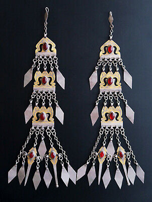 OLD TURKMEN HEADPIECES - Pair of Large Silver Hair Pendants -Tribal Jewellery