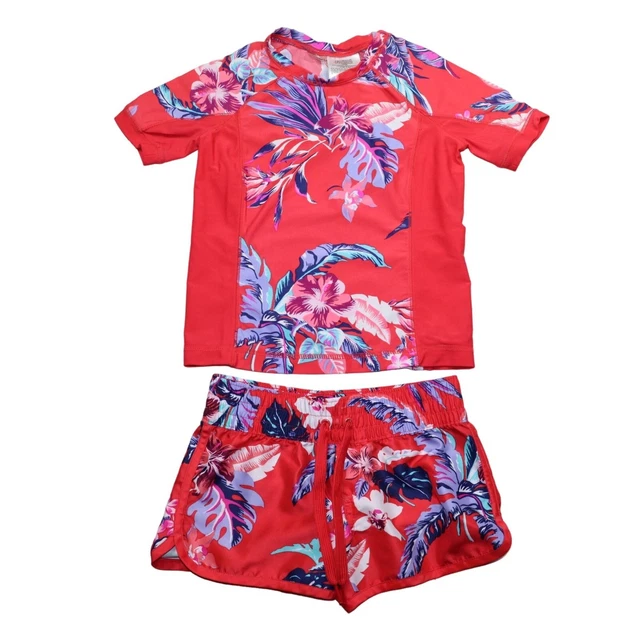 Old Navy Swim Set Size 6/7 Small 2 Piece Rash Guard Top Swim Shorts Red Floral
