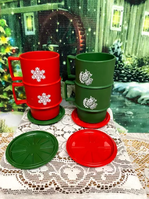 Vintage Tupperware Stackable Christmas Coffee Cups Mugs w/Coasters/Lids NEW
