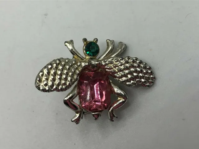 Vtg Fly Bee Moth Insect Pin Brooch Figural Pink Rhinestone Body Green Head  K5