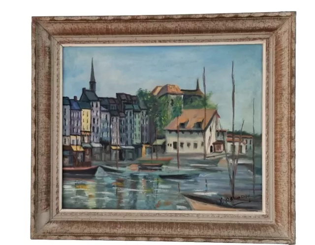 peinture Huile Sur Toile Paysage Marin Bord De Mer "Honfleur Vue Du Port" Signé