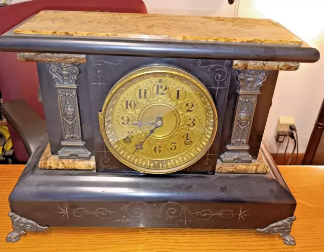 1880 (?) Working Seth Thomas Mantle Clock, Lion Heads, Bronze Side Plates & legs