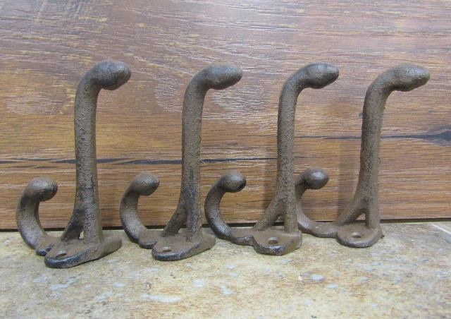Lot 4 Antique-Style Rustic Brown Double Coat Hooks Cast Iron Hardware Hat Hanger