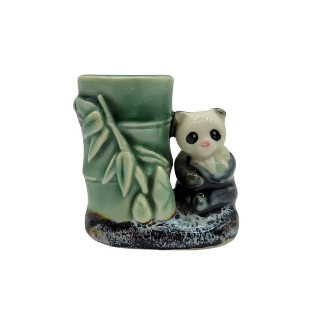 Vintage Panda Bear Bamboo Ceramic Miniature 2.5" Planter Toothpick Holder