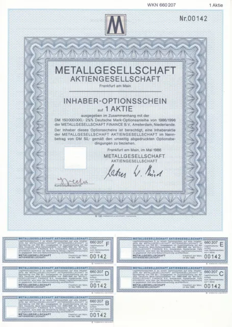 Metallgesellschaft AG - Inhaber-Optionsschein auf Kauf 1 Aktie - Frankfurt 1986