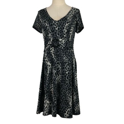 Studio Fit Flare Dress 8 Black Animal Print Stretch Polyester Knee Length 34x35