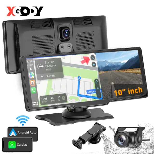 XGODY Dash Cam Dual 10.26" Car DVR Recorder Wireless Apple CarPlay Android Auto