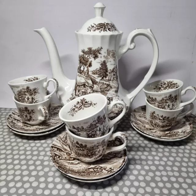 Vintage Ridgway Ironstone Staffordshire 13 Piece "Hayride" Coffee Set