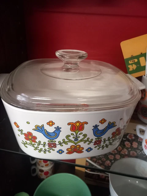 Cocotte Pyroflam Carrée Vintage - Plat à Four Verre Blanc/bleu Avec Couvercle