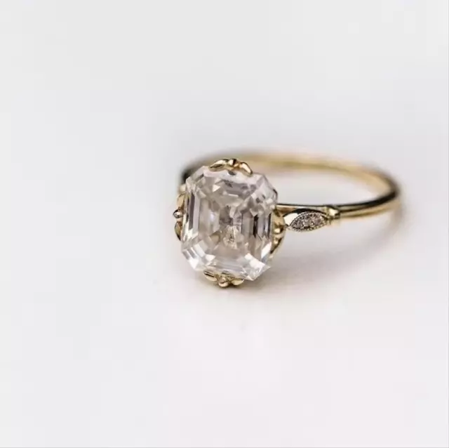 Unique Art Deco Asscher Moissanite 10K Gold Wedding Promise Ring Gift For Her