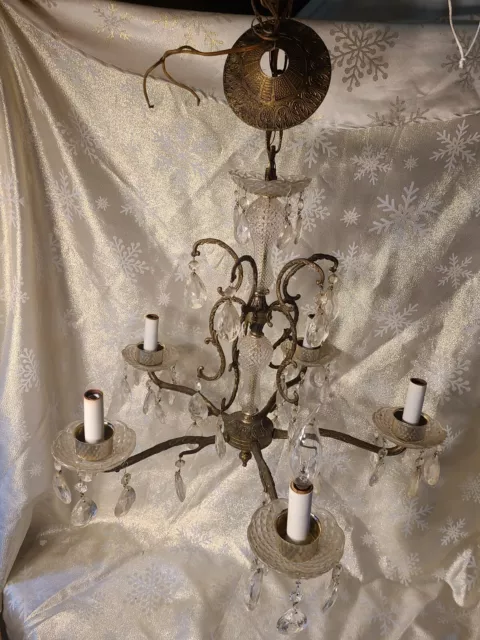 Vintage Ornate 5 Arm Chandelier Ceiling Light w/Crystals & ceiling plate Ornate