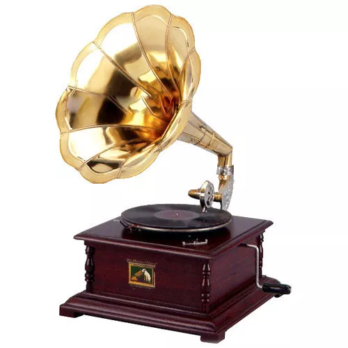 Grammofono con tromba HIS MASTER'S VOICE in legno e ottone FUNZIONANTE QUADRATO