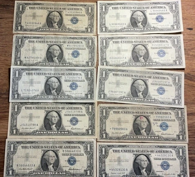 (Lot of 10) 1957 1957-A 1957-B One Dollar $1 Silver Certificates Blue Seal STAR