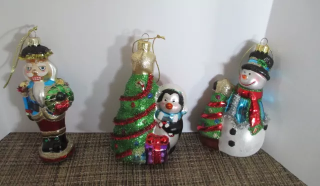 6 Costco Glass Christmas Tree Ornaments Santa Sleigh Reindeer Snowman Penguin