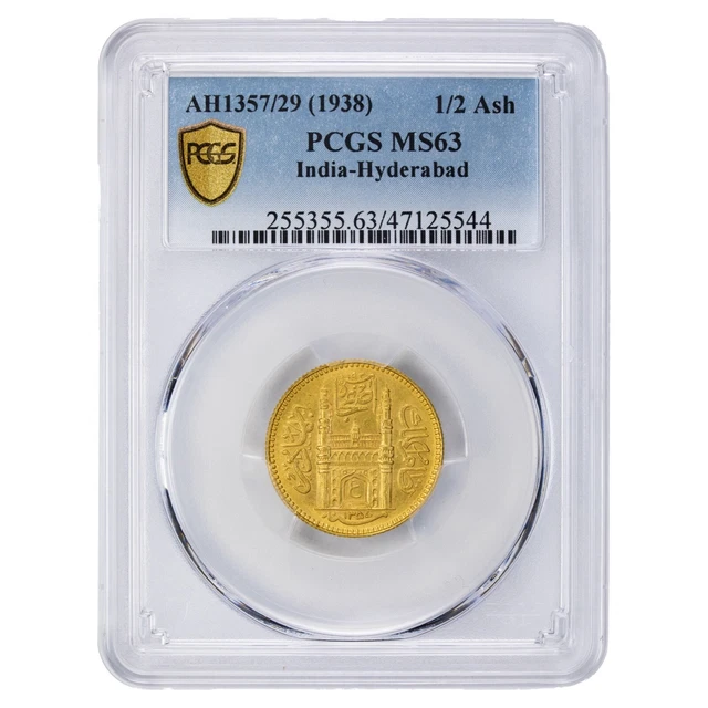 India Hyderabad AH1357/29 (1938) 1/2 Ashrafi Y #56 - PCGS MS-63