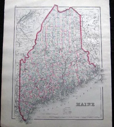 1882 Original Map Of Maine Hand Colored