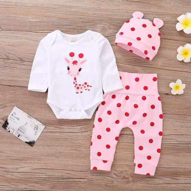 3PCS Newborn Baby Girl Clothes Polka Dot T Shirt Tops+Pants+Hat Xmas Outfits Set
