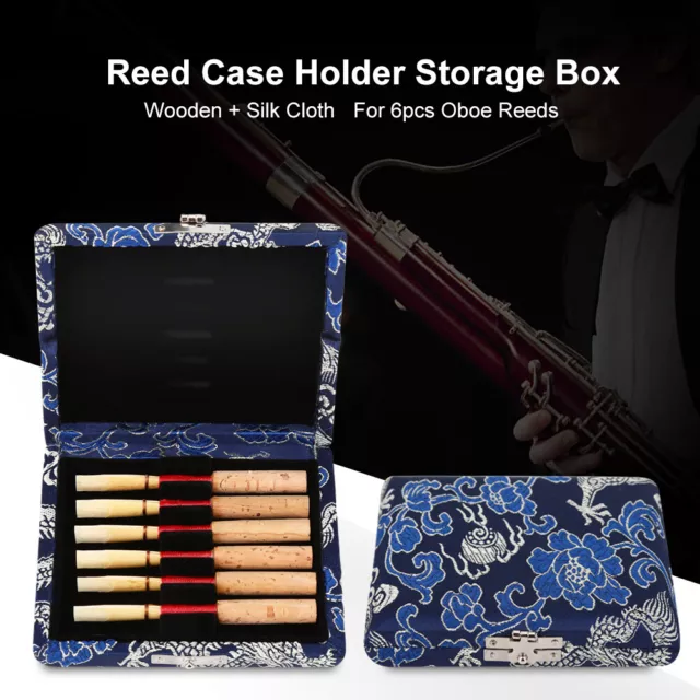 Wooden +Silk Cloth Cover Reed Case Storage Box for 6pcs Oboe Reeds (Blue)