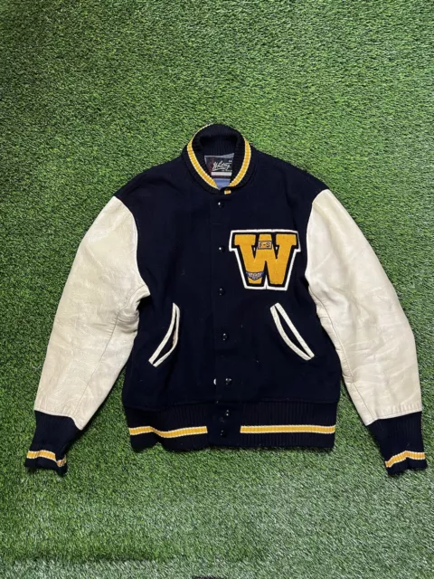 Vintage “M” Whiting Wool Leather Varsity Letterman Football Jacket Size 44