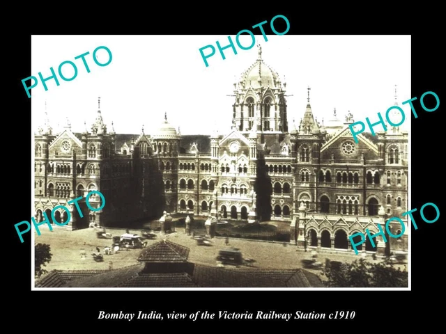 Old Postcard Size Photo Bombay India, View Of The Victoria Railway Station 1910