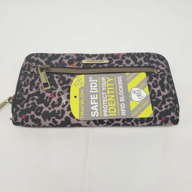 🐯NEW Travelon Safe ID RFID Blocking Leopard Print Wallet Black Mauve Pink NWT🐯