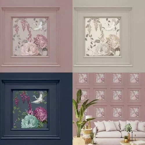 Belgravia Corinthia Panel Flowers And Herons Smooth Blush Navy Pearl Wallpaper