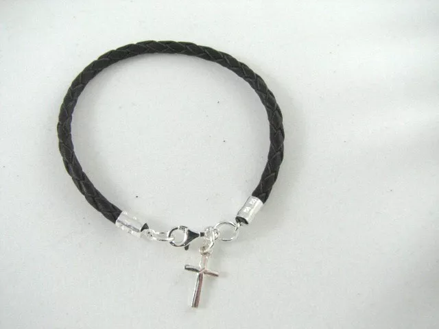 Black Leather Bracelet with a Dangling Sterling Silver Cross Charm