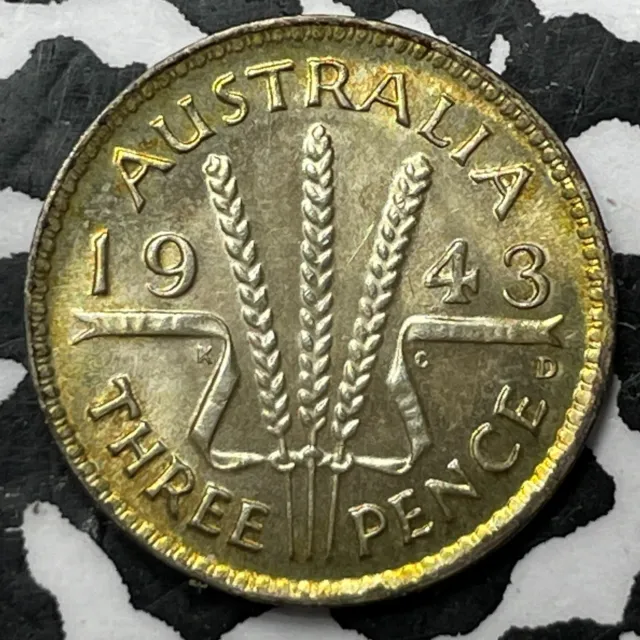 1943 Australia 3 Pence Lot#V6792 Silver! High Grade! Beautiful Toning!
