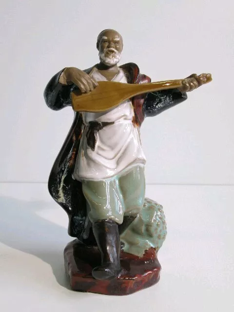 Statue Terrakotta Skulptur Östlich Emaille Mann Musikant Vintage Xx Sec