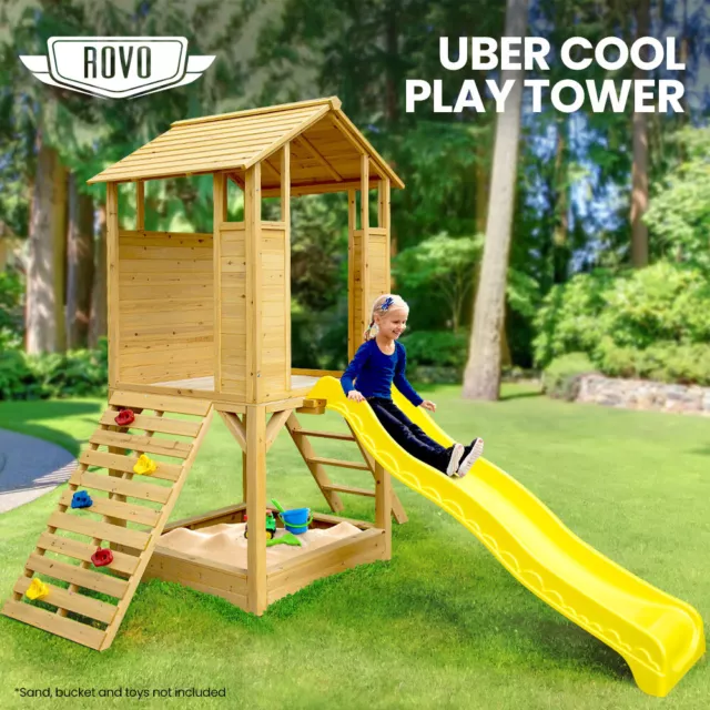 ROVO KIDS Wooden Outdoor Play Equipment Cubby House Slide Sandpit Climbing Wall