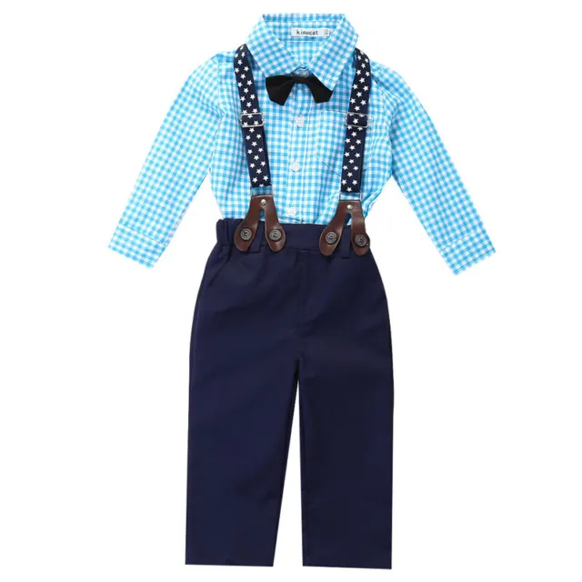 Baby Boy Plaid Shirt Romper Suit Wedding Formal Party Smart Outfit Trousers 3