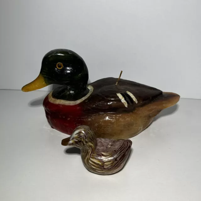 Mallard Duck Bird Wax Candle Never lit Figure Glass Eyes Vintage lot of 2