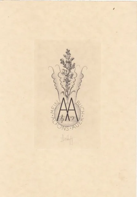 Exlibris Bookplate Copperplate Hubert Woyty-Wimmer 1901-1972 Notes Snapdragon