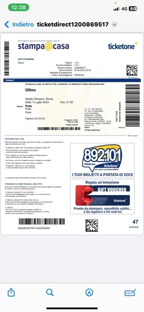2 biglietti concerto Ultimo a Roma 7 luglio