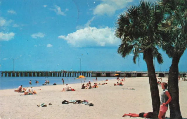 Clearwater FL Florida, White Sandy Beach Sunbathers Pier, Vintage Postcard