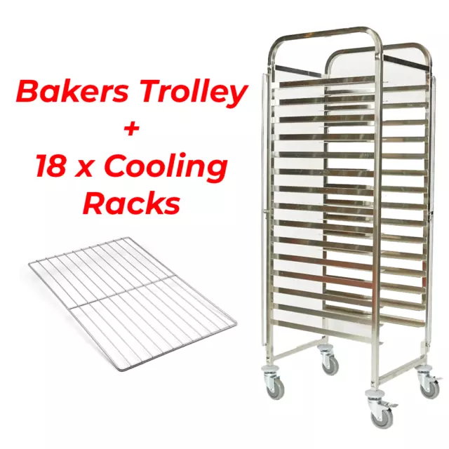 STAINLESS STEEL BAKERY RACK TROLLEY BAKERS BUN DOUGH + 18QTY 600 x 400mm TRAYS